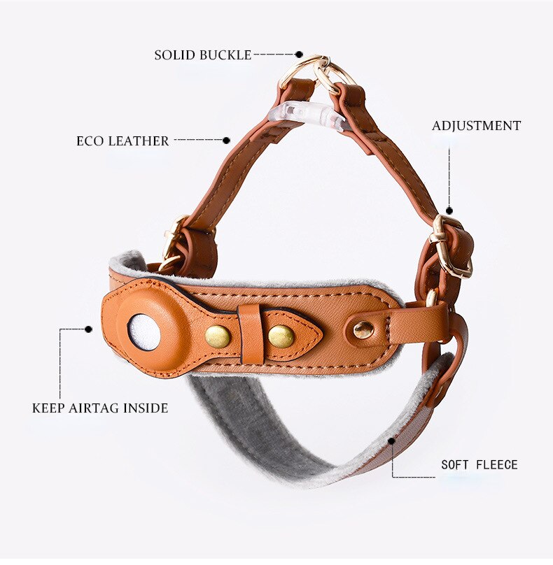 Vegan Leather Dog Harness with Airtag Holder