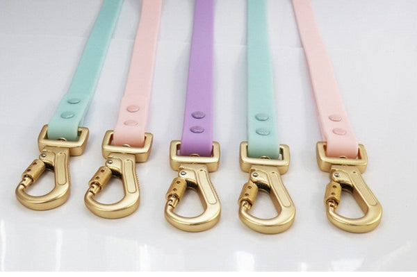 WATERPROOF RUBBERIZED DOG COLLAR AND LEAD - LILAC AND GOLD